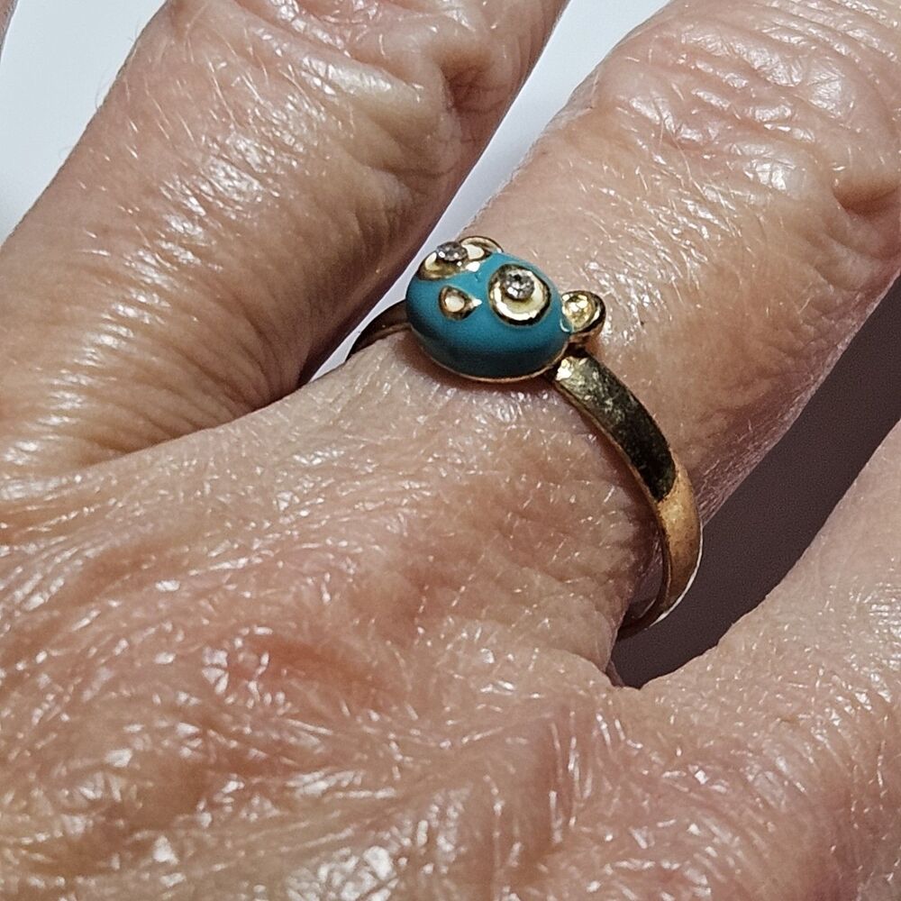 Gold Tone Blue Enamel Bear Face Ring Clear Rhinestone Eyes Adjustable Size 7.25 - Picture 6 of 12